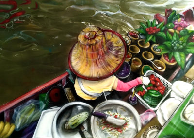 Fresque représentant un bateau traditionnel abondant de mets asiatiques